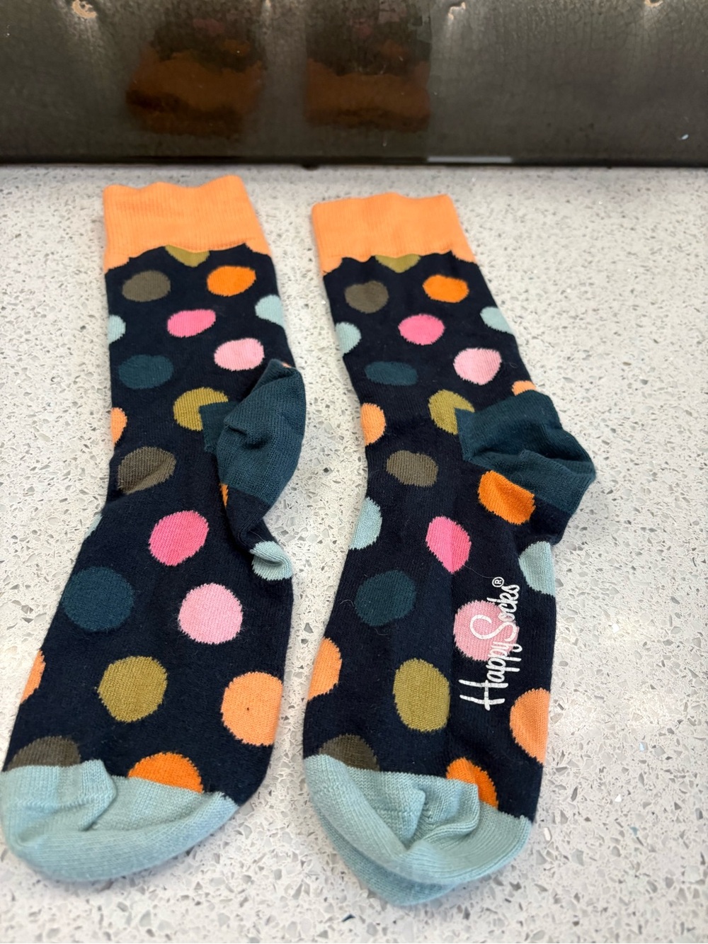 Happy Socks Black Polka Dot Crew Socks with Orange Cuff